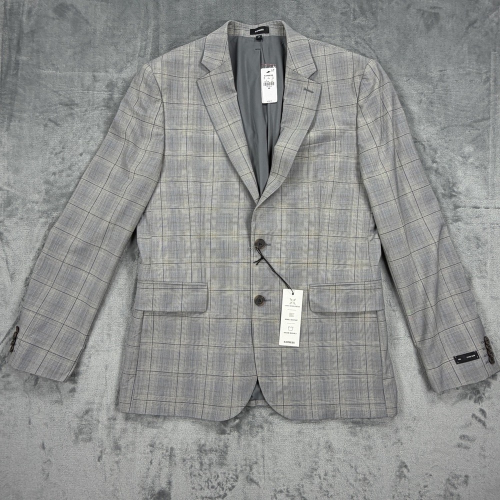 Express Mens Blazer 40R Extra Slim Gray Plaid 4 Way Stretch Wool Sport Coat NWT - Picture 1 of 11